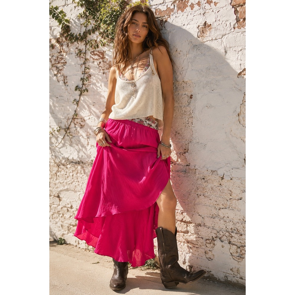 Vintage Yours Pink 100% Silk Maxi Skirt Ruffle‎ Elastic Waist BalletCore Fairy M